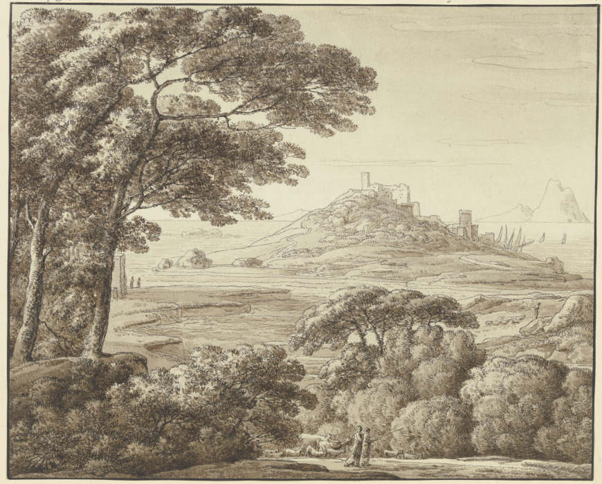 Südliche Landschaft mit Burg, Hafen und Staffagefiguren from Franz Innocenz Josef Kobell