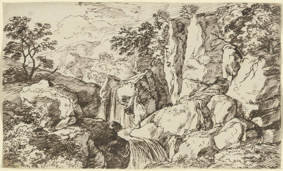 Wasserfall entlang einer Felswand im Gebirge from Franz Innocenz Josef Kobell