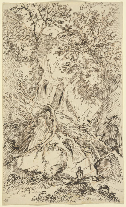 Zerborstene Baumstämme in einer Felsschlucht mit Wasserfall, davor ein rastender Wanderer from Franz Innocenz Josef Kobell