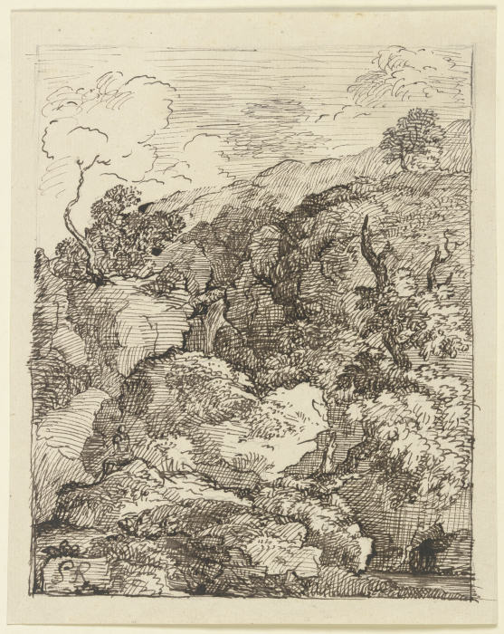 Zerklüftete Felspartie, im Vordergrund ein zerborstener Baum from Franz Innocenz Josef Kobell