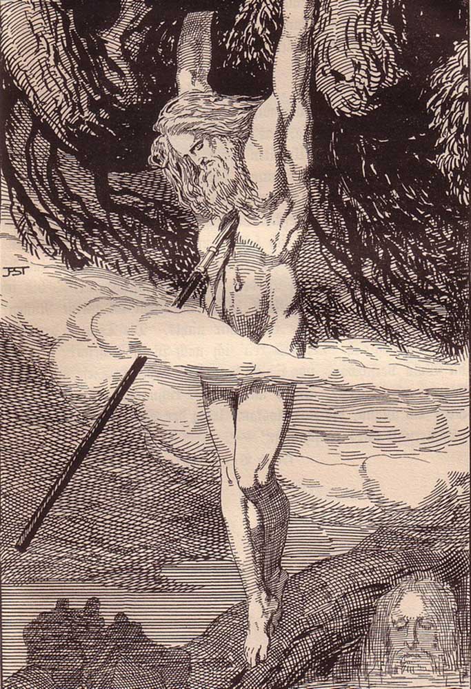 Odin Hanging on the World-Tree. Illustration for "The Edda: Germanic Gods and Heroes" by Hans von Wo from Franz Stassen