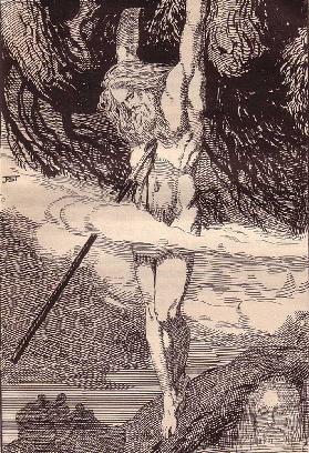 Odin Hanging on the World-Tree. Illustration for "The Edda: Germanic Gods and Heroes" by Hans von Wo