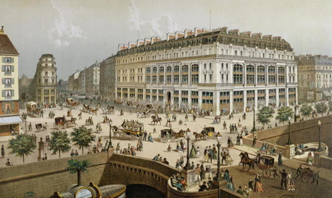 View of 'La Belle Jardiniere' department store and the Pont Neuf, c.1870-80 (colour litho) from Frederic Sorrieu