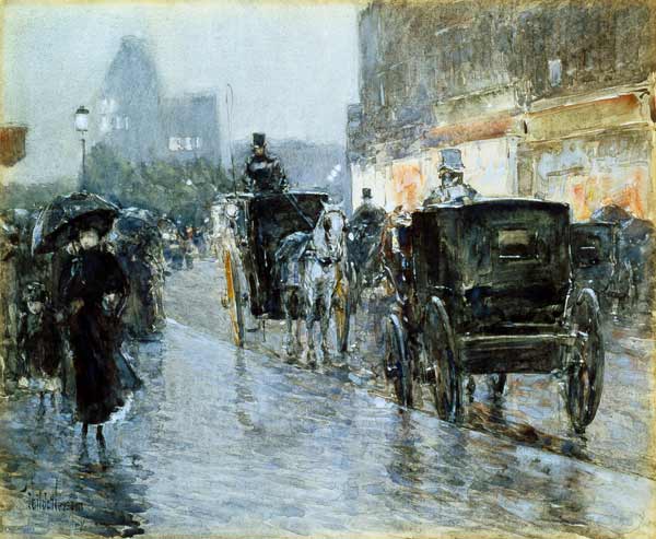 Horse Drawn Cabs at Evening, New York from Frederick Childe Hassam