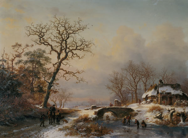 Winter landscape, way with rider and skate runner on a river from Frederik Marianus Kruseman