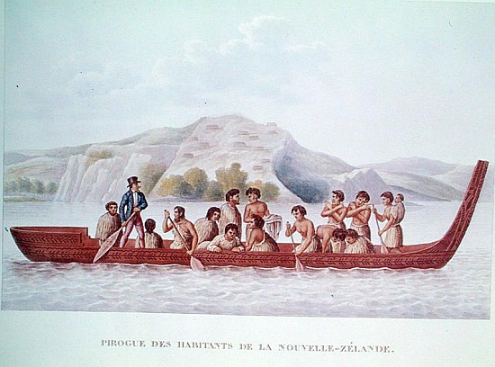 Dugout canoe piloted natives of New Zealand, illustration from ''Voyage Around the World in the Corv from French School