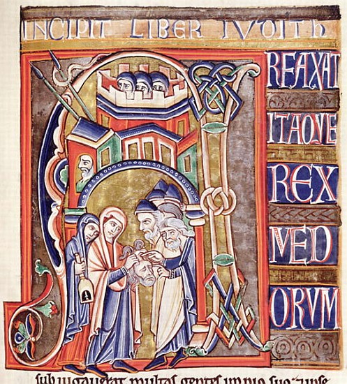 Ms 1 fol.292 Historiated initial depicting Judith with the head of Holofernes, from the Souvigny Bib from French School