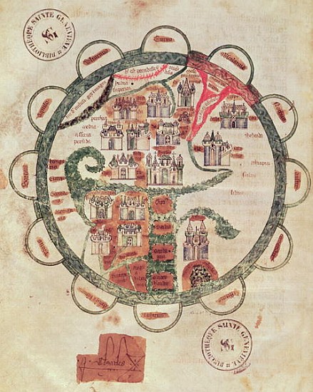 Ms 782 f.374v World map with Jerusalem in the centre, from ''Chroniques de St. Denis'', c.1275 from French School
