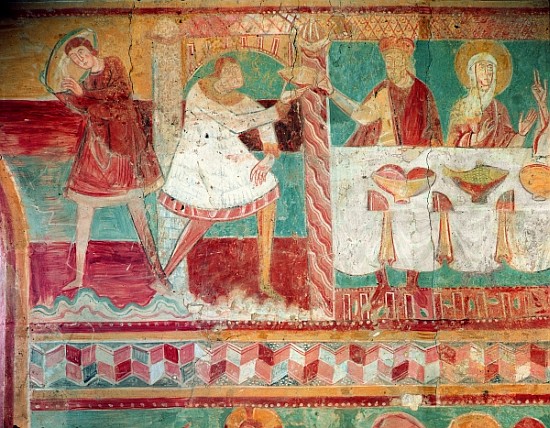Servants bringing a jar of wine and offering a cup to a guest at the Marriage at Cana, from the Sout from French School