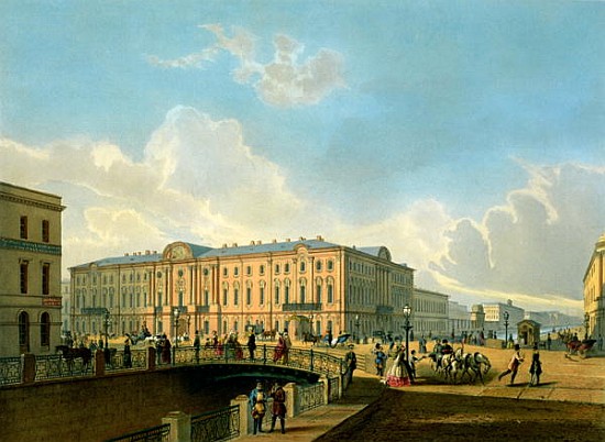 The Moyka Embankment and the Police Bridge in St. Petersburg, printed J. Jacottet and Regamey, publi from French School