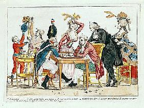Caricature of Louis XVI (1754-93) playing chess with a soldier of the National Guard
