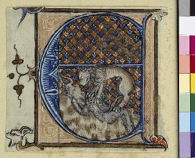 Historiated initial ''E'' depicting a lion fighting a devil, c.1320-30