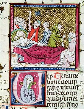 Ms 3076 fol.56r Dying Man Surrounded Doctors and Family, Dictating his Will, from ''Justiniani in Fo
