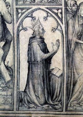 The Parement of Narbonne, detail of Charles V (1338-80) praying, c.1375 (grisaille on silk) (detail 