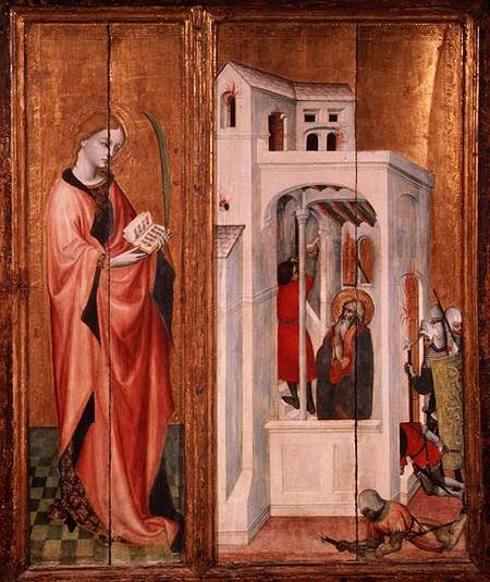 Thouzon Altarpiece, left-hand section showing a female martyr and a scene from the Life of St. Andre from French School