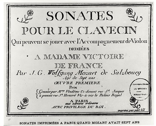 Title Page for ''Sonates pour le clavecin'' dedicated to Madame Victoire de France (1733-99) Mozart  from French School