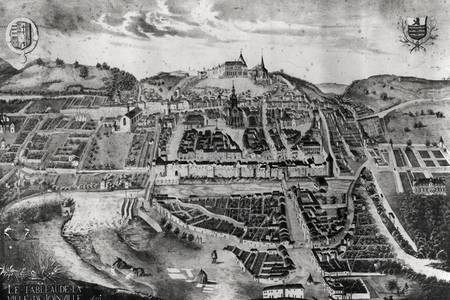 View of the chateau and town of Joinville from a painting of 1639 from French School