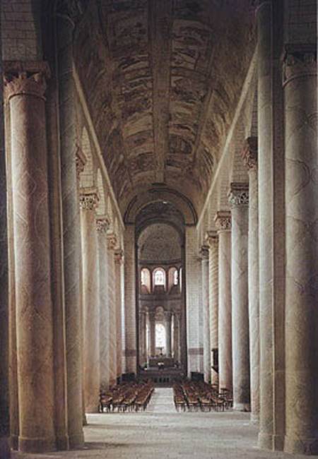 View of the nave towards the choir and the vault decorated with 12th century frescoes (photo) from French School