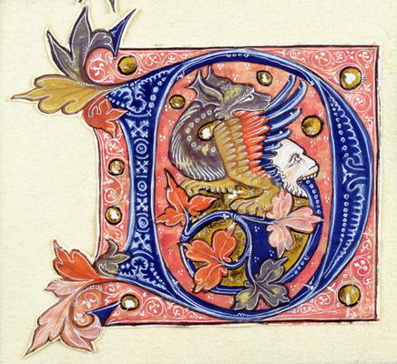 Historiated Initial 'D' depicting a fish with a human head (vellum) from French School, (14th century)