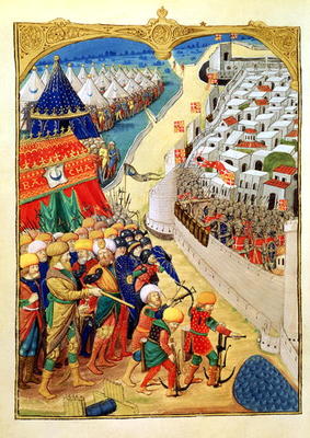 Lat 6067 f.55v The Turkish forces preparing for battle outside the walls of Rhodes in 1480, from 'A from French School, (15th century)