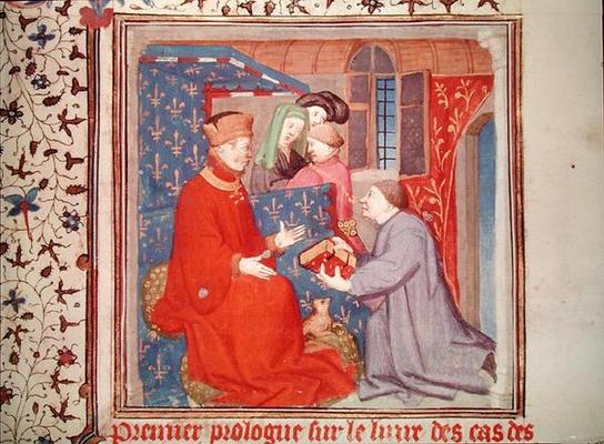 Ms Fr 131 f.1 Jean (1340-1416) Duke of Berry Receiving a Manuscript from Boccaccio, from 'Cas des No from French School, (15th century)