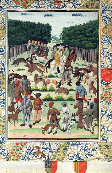 Louis Malet (1441-1516) Seigneur de Graville, hunting wild boar, from the 'Terrier de Marcoussis', 1