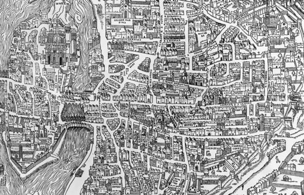 Detail from a map of Paris in the reign of Henri II showing the quartier des Ecoles, 1552 (engraving from French School, (16th century)