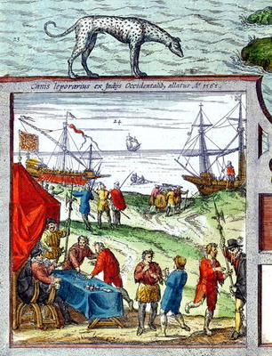 Detail of a view of the port of Cadiz showing trade with the West Indies, 1565 (colour litho) from French School, (16th century)