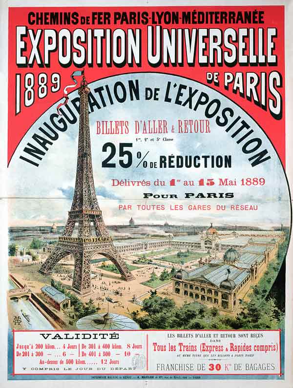 Poster advertising reduced price train tickets to the Exposition Universelle of 1889, from the Chemi from French School, (19th century)