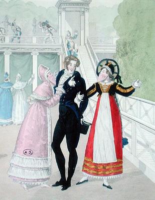 A dandy being courted by two masked women, from the series Le Bon Genre (hand-coloured engraving) from French School, (19th century)