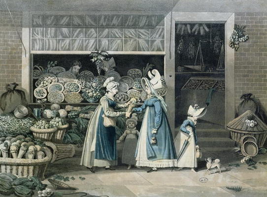 A Parisian Greengrocer's shop, early 19th century (colour litho) from French School, (19th century)