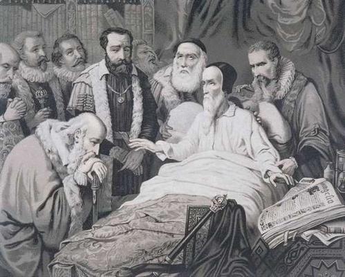 John Calvin (1509-1564) on his Death Bed (engraving) from French School, (19th century)