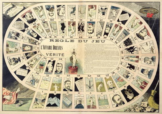 The Dreyfus Affair Game, with portraits of the various individuals involved, late 19th century (colo from French School, (19th century)