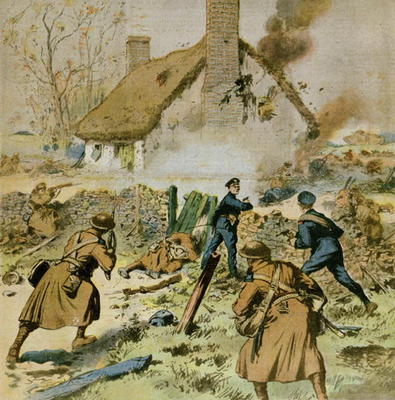 Attack by police and British troops on a farm occupied by the Sinn-Fein, cover of 'Le Petit Journal' from French School, (20th century)