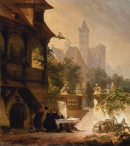 The court of the old Pellerschen house in Nuremberg with view of the castle