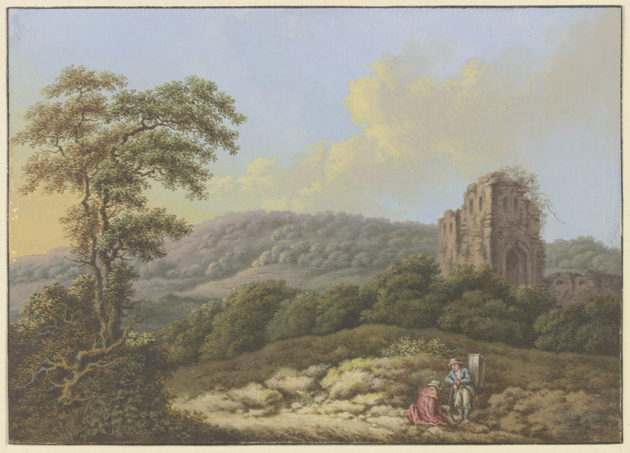 Landschaft mit einer Ruine, links ein hoher Baum, im Vordergrund zwei Wanderer from Friedrich Rauscher
