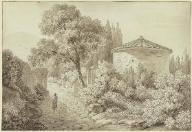 Antiker Tempel an der Via Appia bei Ariccia, rechts neben einer gepflasterten Straße steht ein Rundt