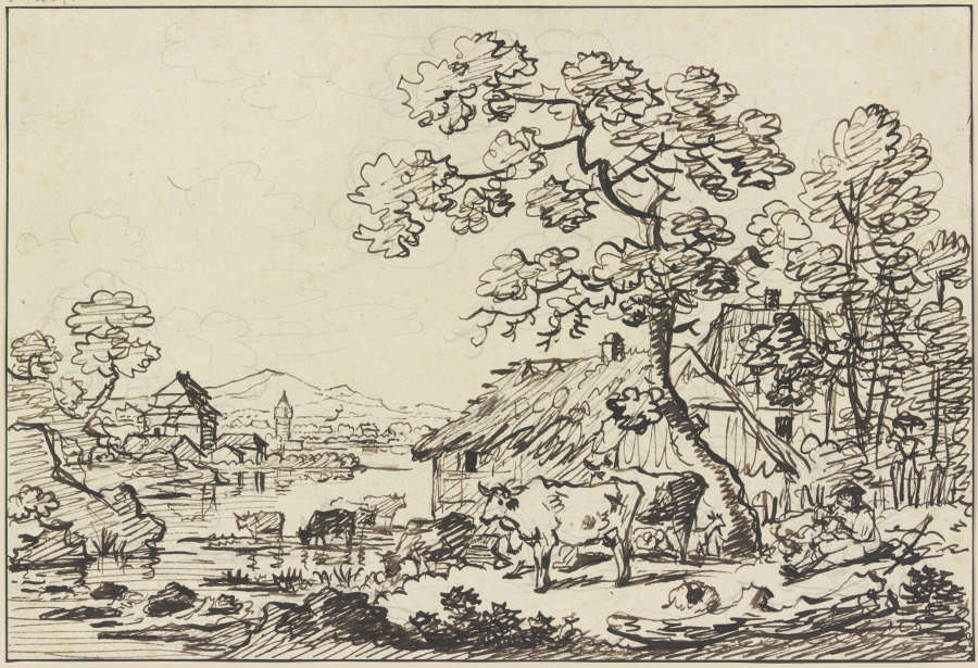 Gehöft an einem Fluß, im Vordergrund eine Viehherde from Friedrich Wilhelm Hirt
