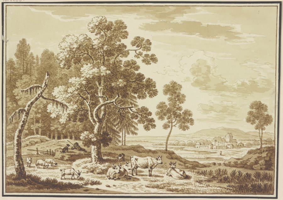 Weidendes Vieh am Waldrand, im Hintergrund ein befestigtes Gehöft from Friedrich Wilhelm Hirt