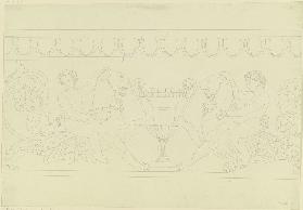 Zwei auf mit Weinlaub geschmückten Löwen reitende Satyrn, eine Vase flankierend