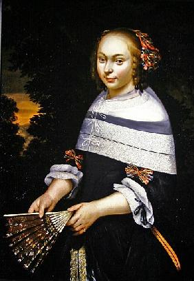 A portrait of a young girl holding a fan, a landscape beyond, c.1650