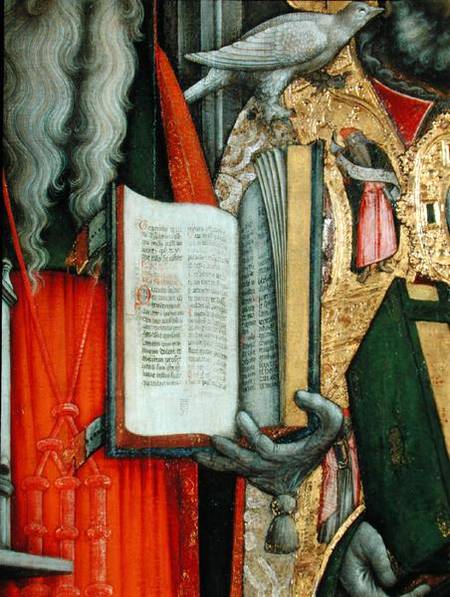 St. Jerome's Bible and St. Gregory's Dove, detail of the left panel from The Virgin Enthroned with S from G. Vivarini
