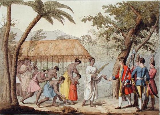 Captain Samuel Wallis (1728-1830) being received by Queen Oberea on the Island of Tahiti (colour lit from Gallo Gallina
