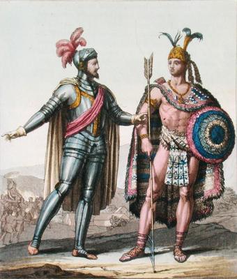 The Encounter between Hernan Cortes (1485-1547) and Montezuma II (1466-1520) from 'Le Costume Ancien from Gallo Gallina