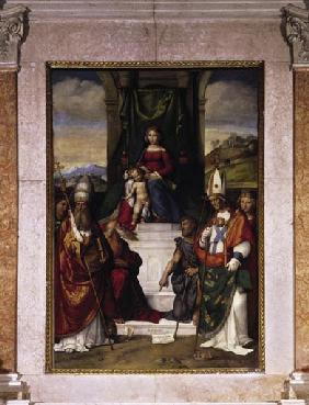 Thronende Maria mit Kind, dem Heiligen Silvester und fuenf weiteren Heiligen