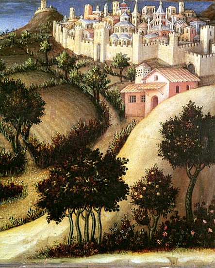 Adoration of the Magi Altarpiece: central predella panel depicting the Flight into Egypt, detail of  from Gentile da Fabriano