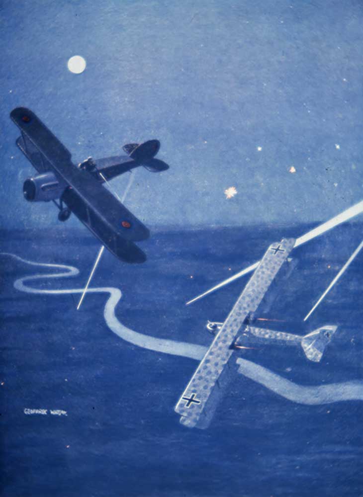 Bristol fighter attacks German Gotha bomber over London by night from Geoffrey Watson