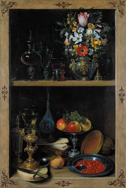 Shelf with flower vase and fruits from Georg Flegel