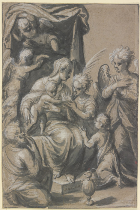 Die Heilige Familie mit dem Johannesknaben unter einem Baldachin, von vier Engeln umgeben, ein Engel from Georg Kopp d. Ä.