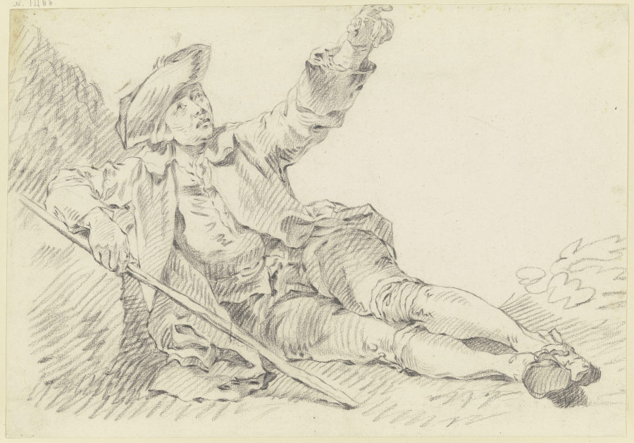Am Boden sitzender Mann, den linken Arm erhoben, in der Rechten einen Stab haltend from Georg Melchior Kraus